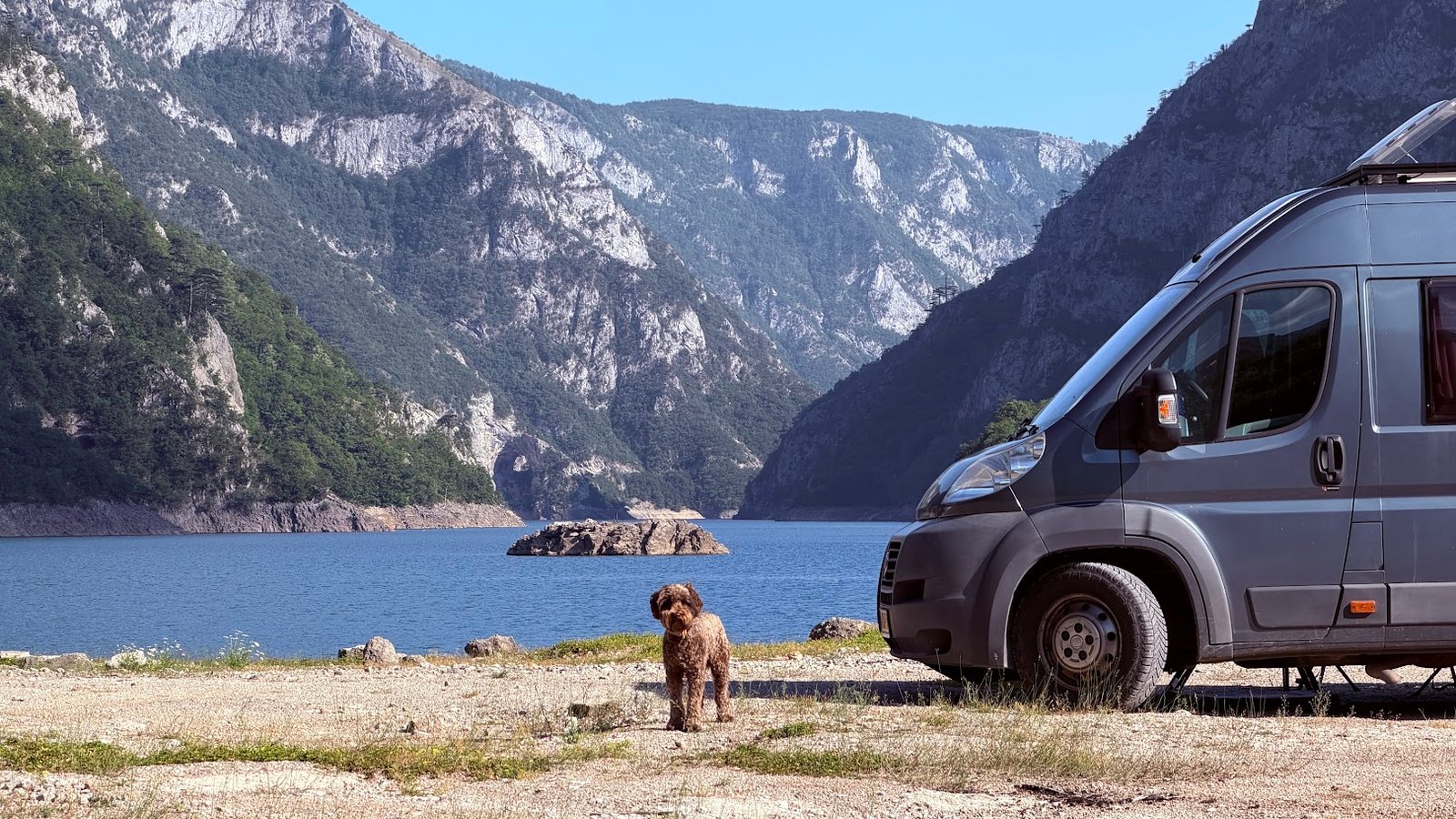 Hond bij de camper bij het piva lake in montenegro