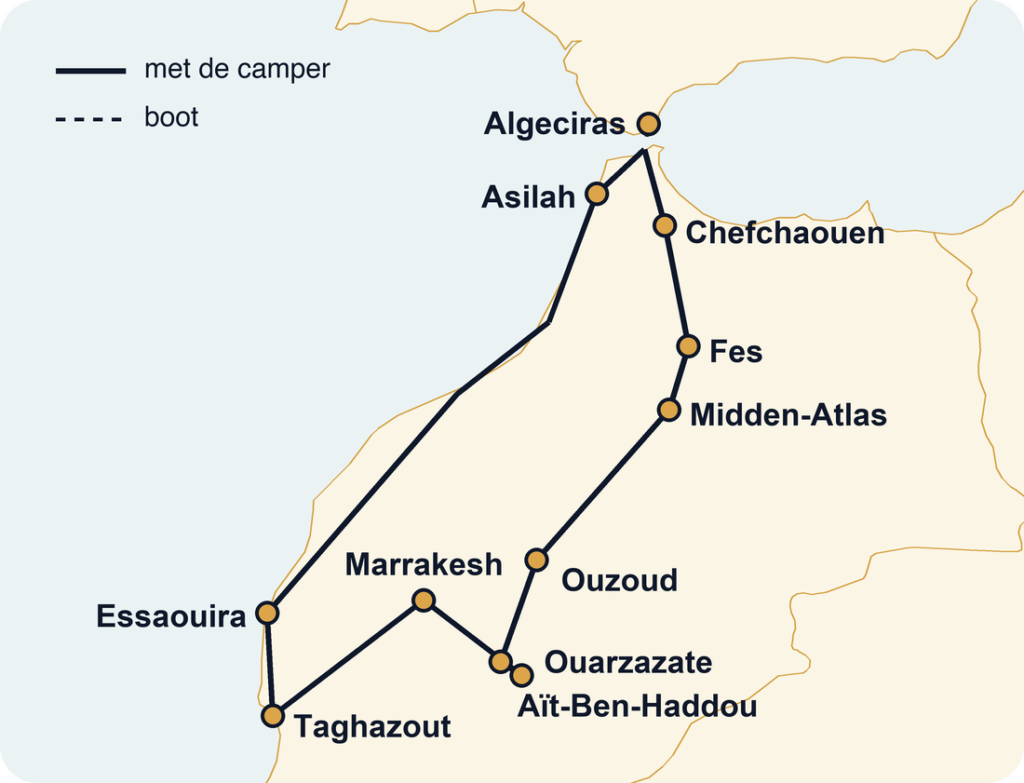 Routenkarte unserer Camper-Route durch Marokko, von Chefchaouen und Fès über den Atlas und Marrakesch nach Taghazout, Essaouira und Asilah