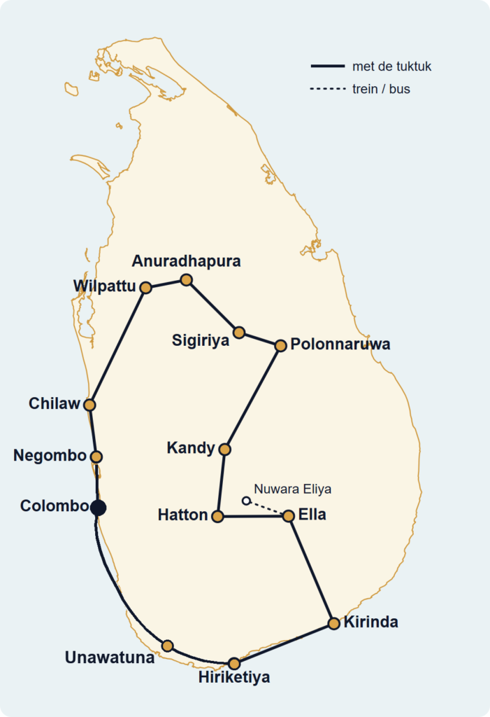 Routekaart van onze tuktukroute door Sri Lanka, van Negombo via Anuradhapura, Kandy en Ella naar de zuidkust, Unawatuna en via Colombo terug naar Negombo